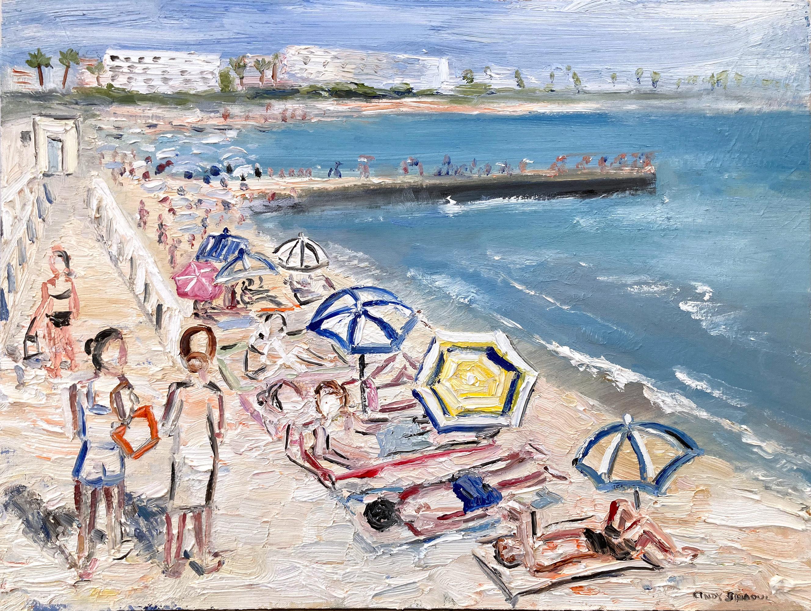 This painting captures an impressionistic scene at the beach in St. Tropez with beautiful brushwork and whimsical colors. This piece captures the beach and times of the early 20th Century but in a modern way creating figures in translucence.
