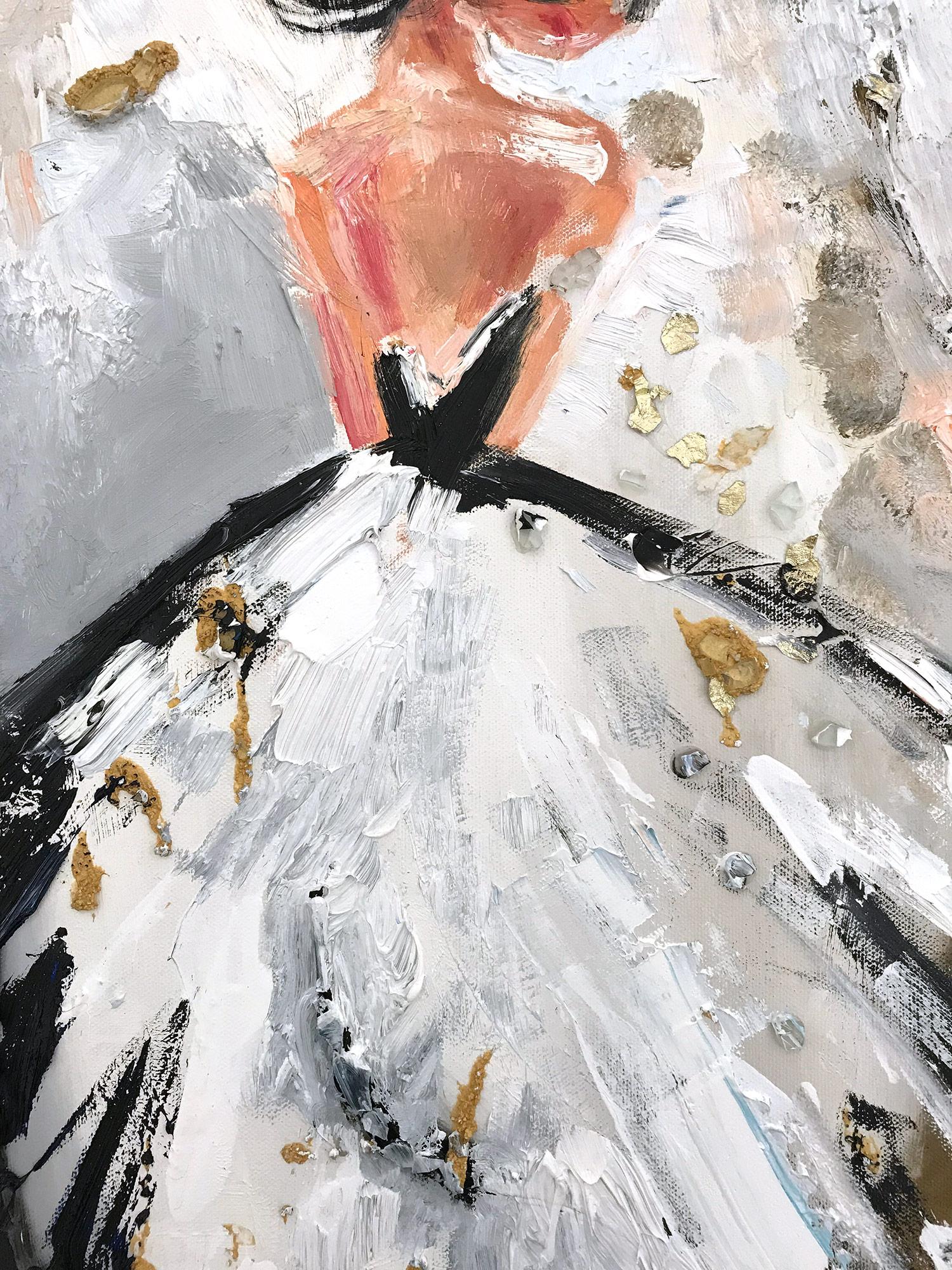 An abstract, whimsical and bold depiction of a woman standing gracefully in a white gown against a sunburst background with delicate details. This piece captures the essence of fashion in Pairs. Done in a very modern and impressionistic style, with