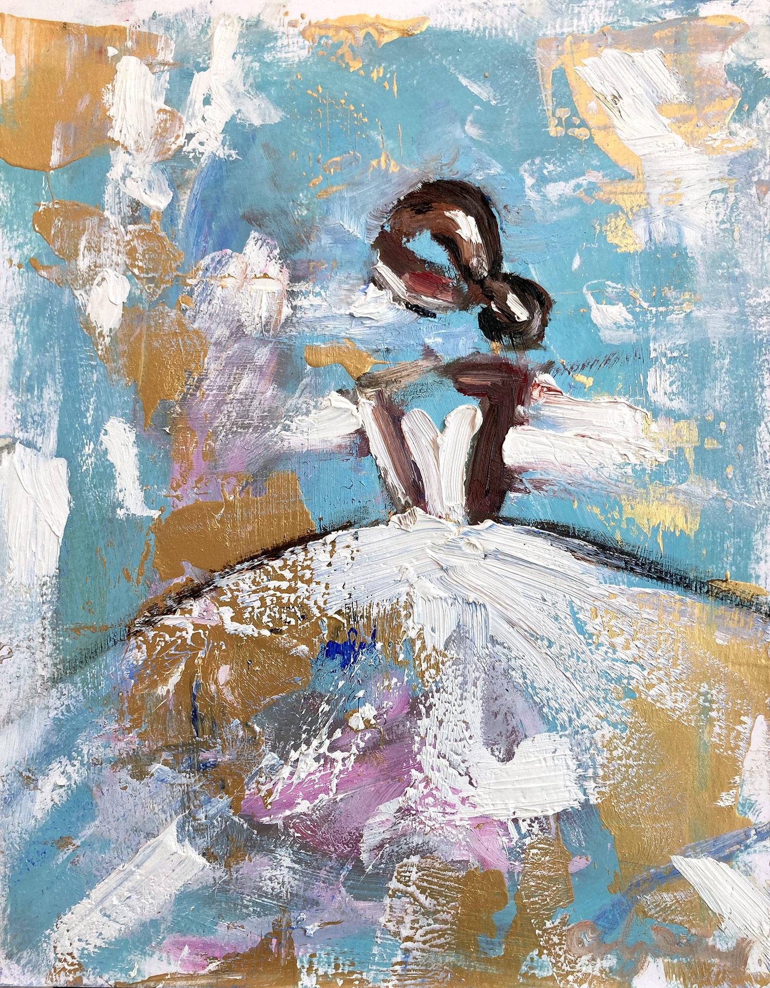 Cindy Shaoul Figurative Painting - "Milan, then Paris" Figure in Chanel Gown Haute Couture Colorful Oil Painting