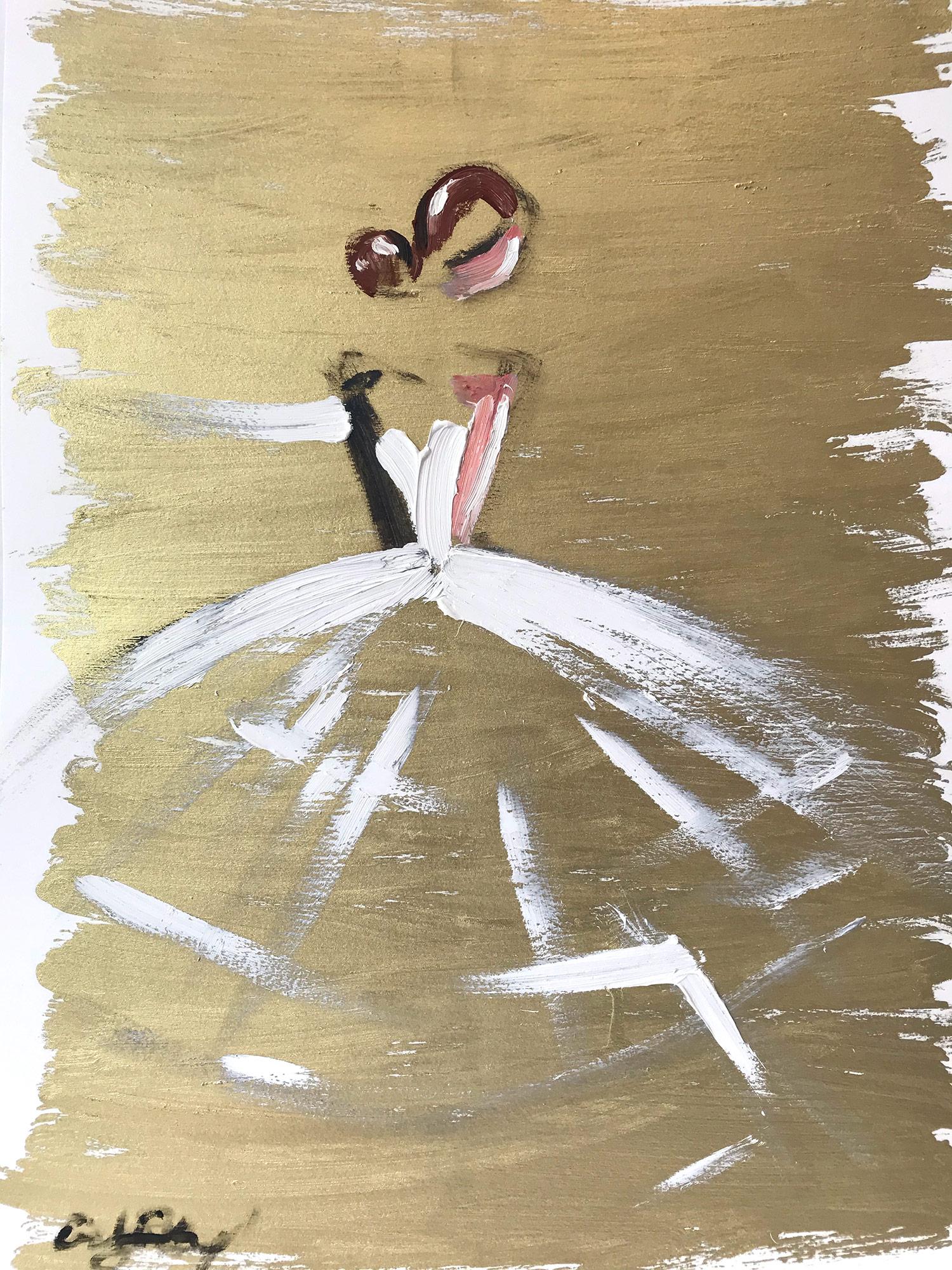 Peinture à l'huile sur papier - Figure "Milla" avec robe blanche - Haute Couture française