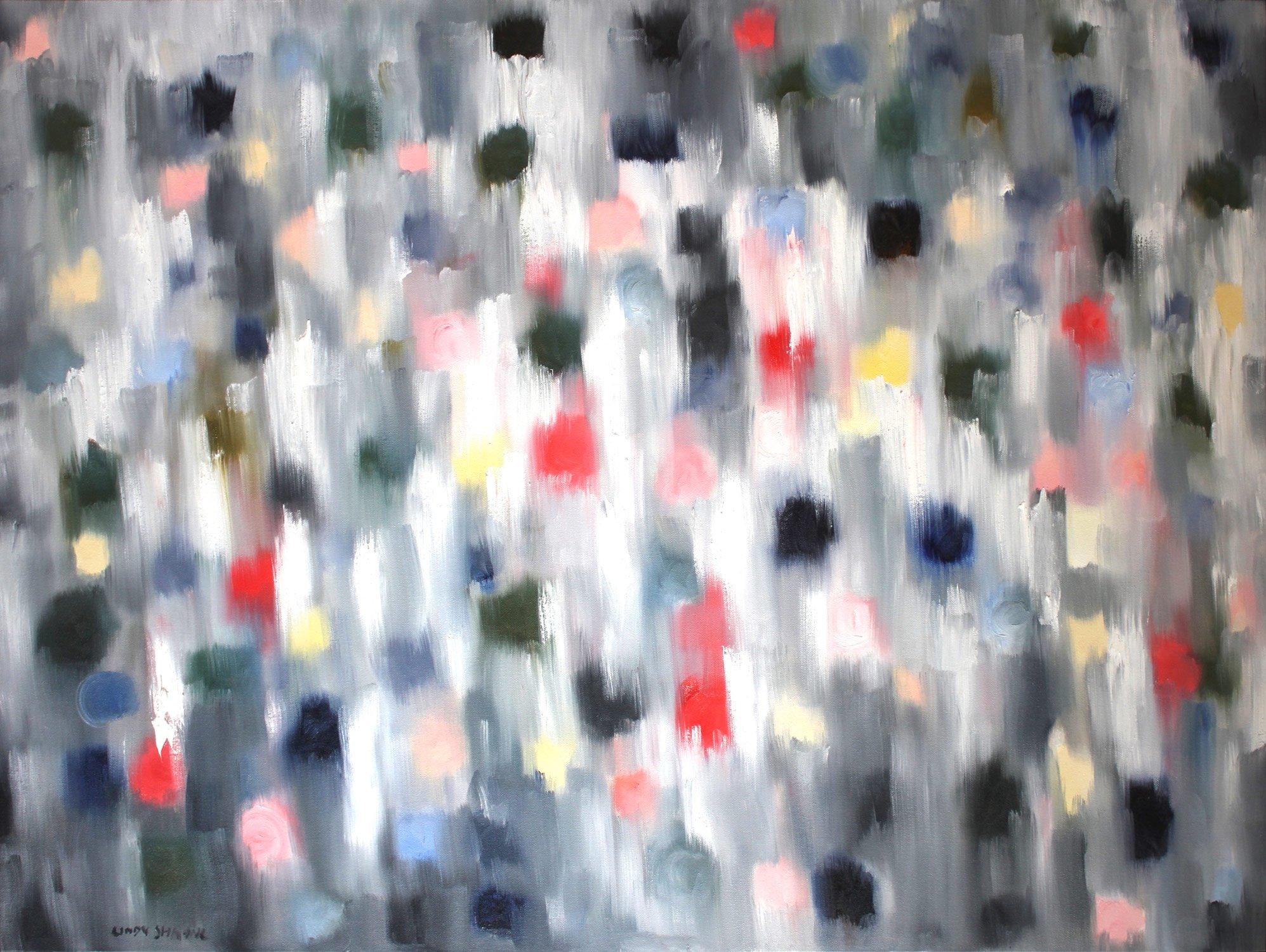 Abstract Painting Cindy Shaoul - "Dripping Dots - Monaco Nights" - Peinture à l'huile contemporaine colorée sur toile