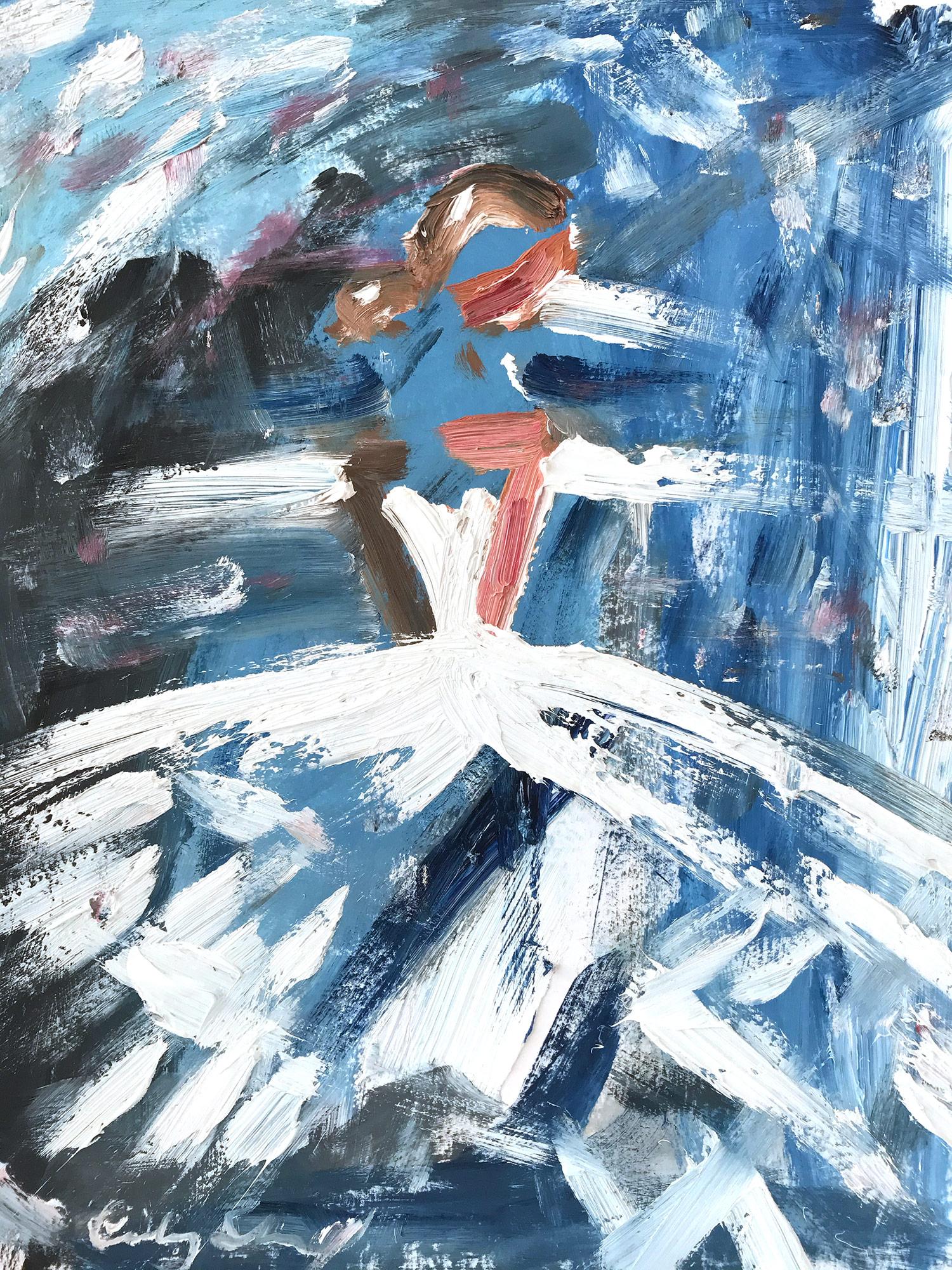 Cindy Shaoul Abstract Painting - "Night Out in Paris" Figure with Gown French Haute Couture Oil Painting on Paper