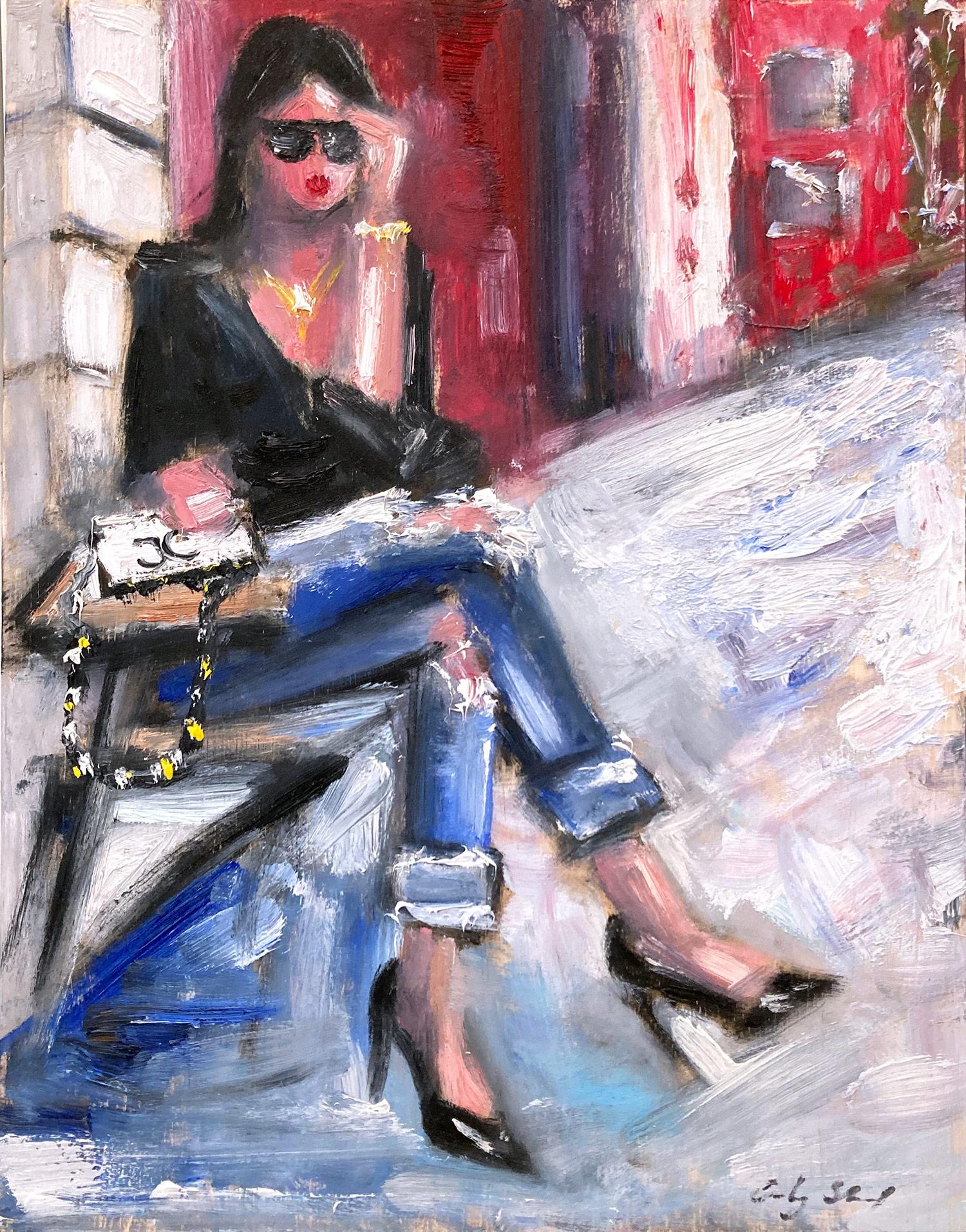 Cindy Shaoul Figurative Painting - "Morning Coffee in Soho n Chanel" Haute Couture Impressionistic Oil Painting NYC