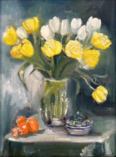 "Morning Tulips" Impressionistic Floral Still Life w Oranges and Moroccan Jar