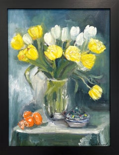 "Morning Tulips" Impressionistic Floral Still Life w Oranges and Moroccan Jar