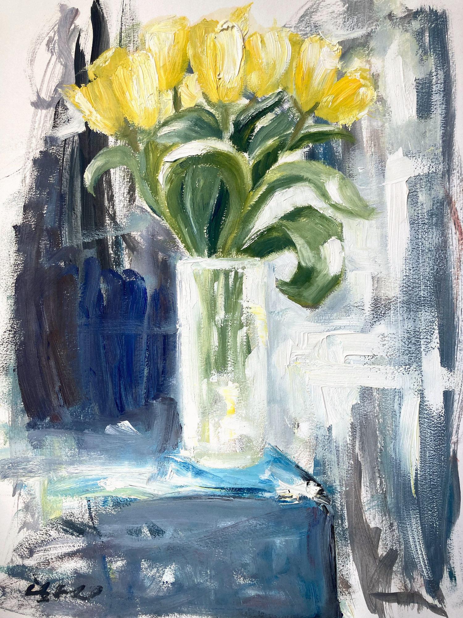 Cindy Shaoul Abstract Painting - "Morning Yellow Tulips" Impressionistic Colorful Contemporary Oil Painting Paper
