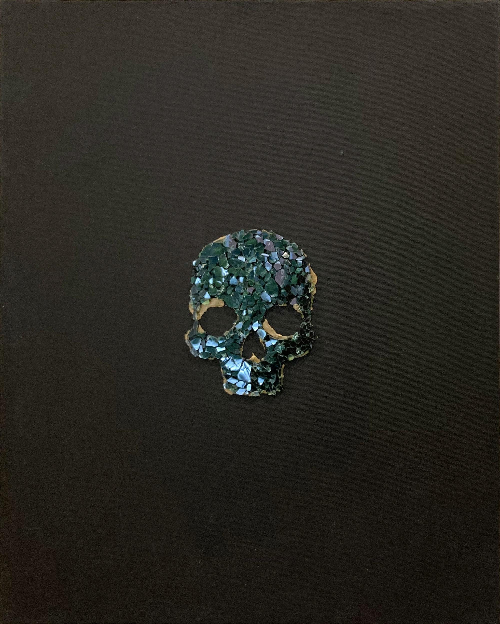 "Diamond Skull" Abstract Mosaic-like Glass Figure Mixed Media Painting on Canvas