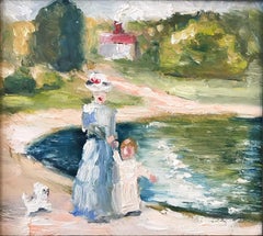 "Mother and Child by the Pond" Impressionist Oil Painting in French Country Side