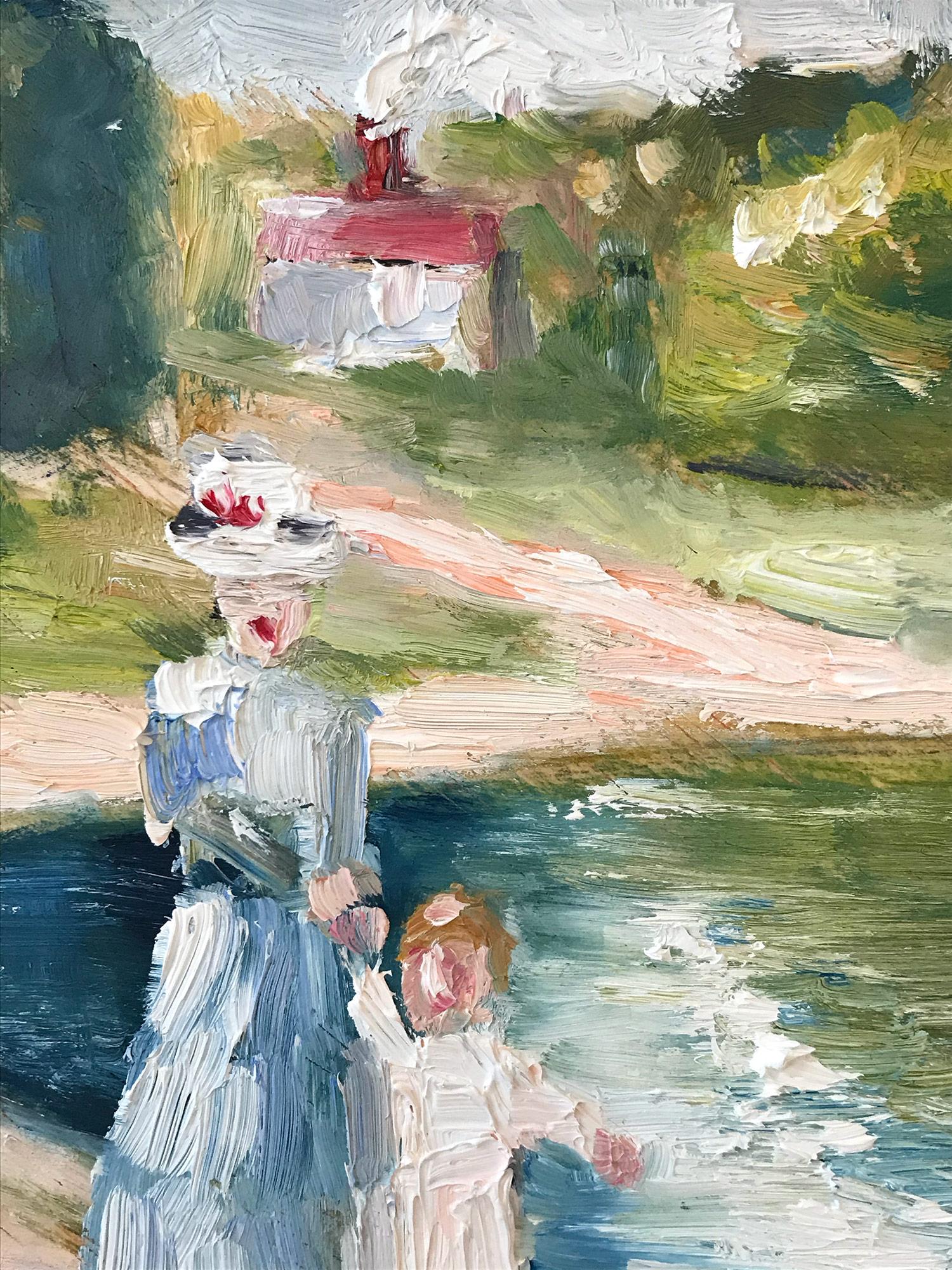 A charming depiction of Mother and Child holding hands by the pond near the French Country SIde with their family dog at their side. A cozy impressionistic scene with warmth and feeling. Whimsical and colorful we are left with stunning details and