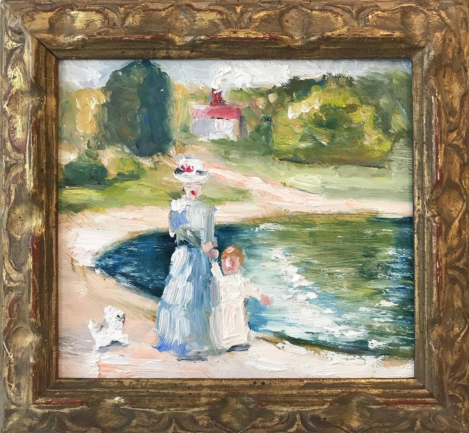 Cindy Shaoul Interior Painting - "Mother and Child by the Pond" Impressionist Oil Painting in French Country Side