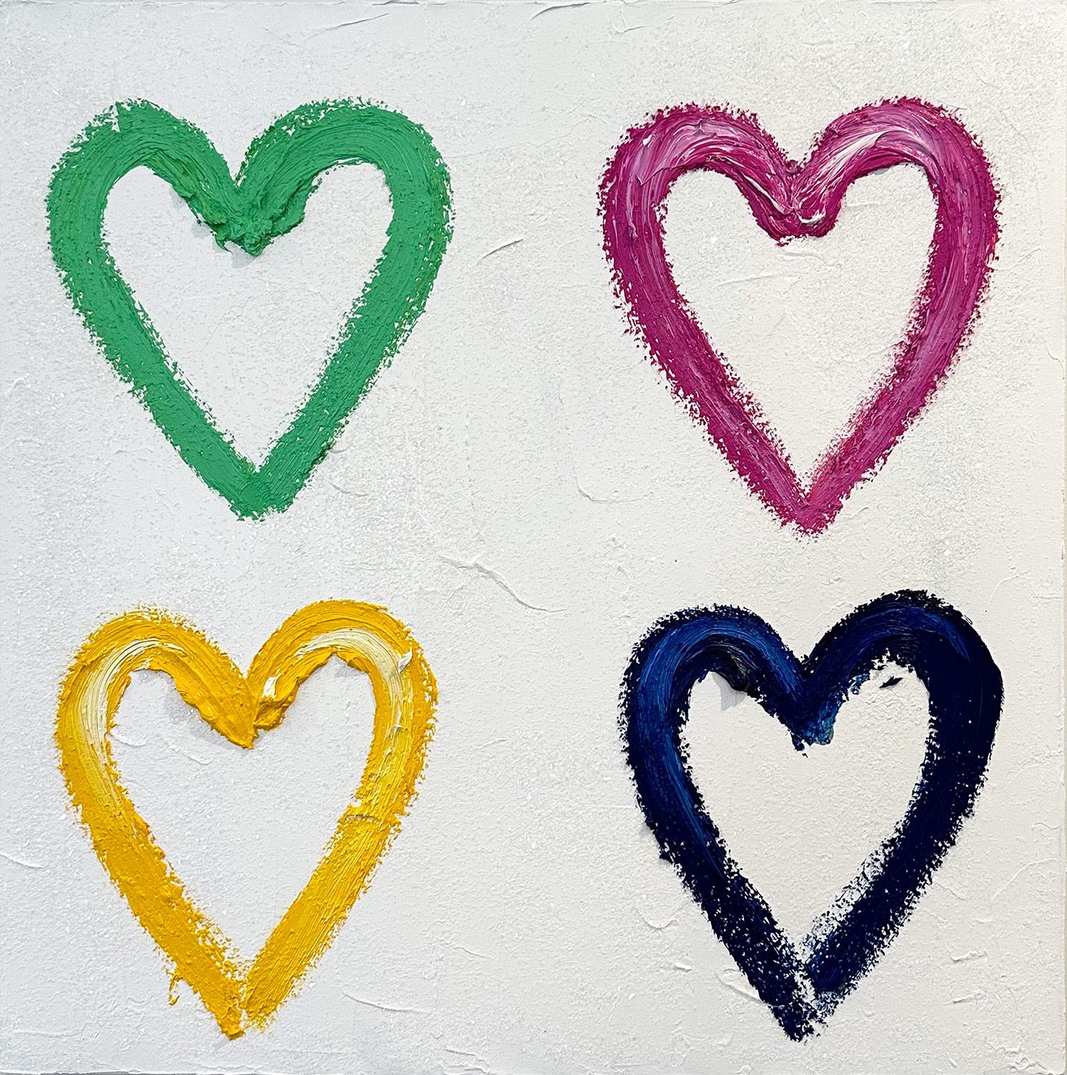 Abstract Painting de Cindy Shaoul - "Mis 4 corazones - The Beatles" Pintura al óleo contemporánea sobre lienzo y polvo de diamantes
