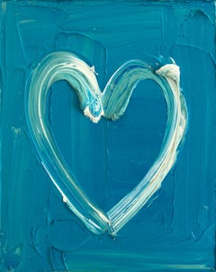 "My Aqua in Time Heart" Ocean Blue Oil Painting on Wood with White Floater Frame