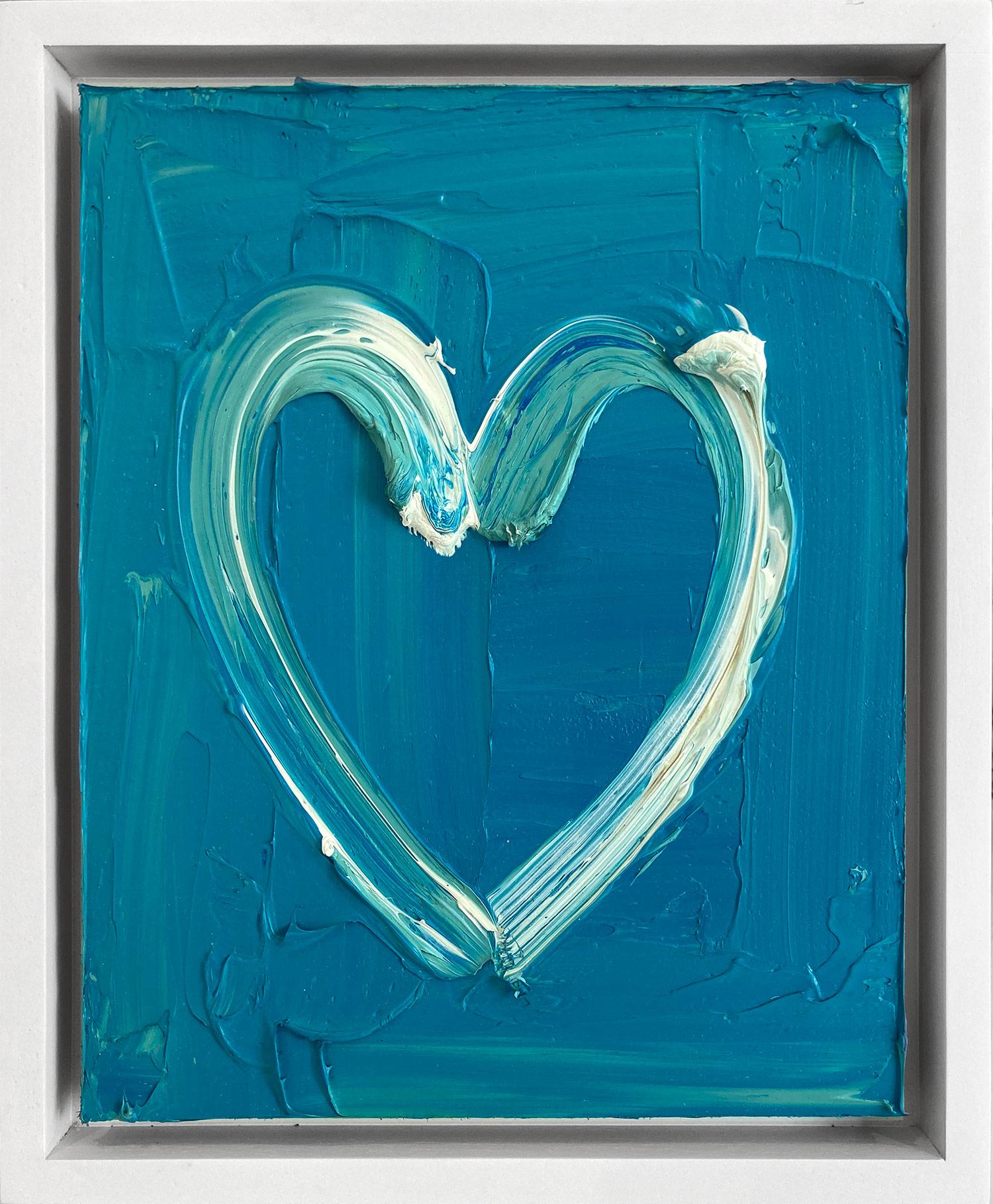 "My Aqua in Time Heart" Ocean Blue Oil Painting on Wood with White Floater Frame