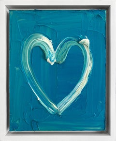 "My Aqua in Time Heart" Ocean Blue Oil Painting on Wood with White Floater Frame