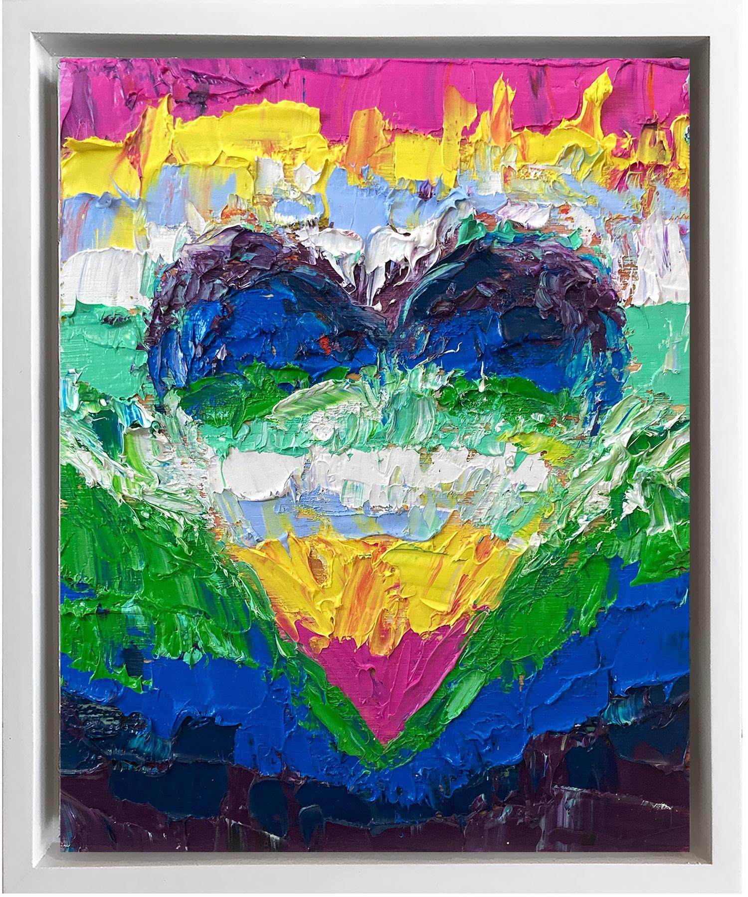 Cindy Shaoul Figurative Painting - "My Aquarius Heart" Colorful Pop Art Oil Painting with White Floater Frame