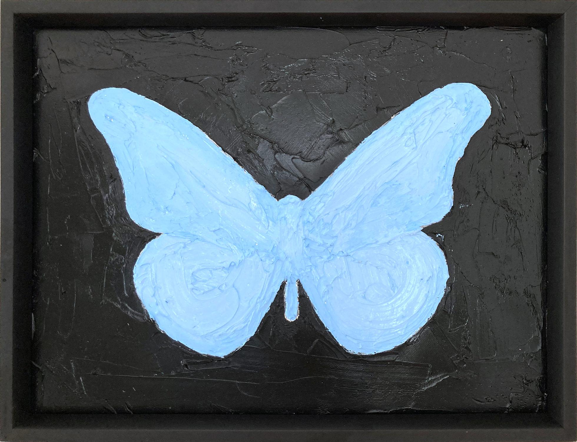 Cindy Shaoul Abstract Painting - "My Baby Blue Butterfly" Light Blue and Black Contemporary Oil Painting Framed 