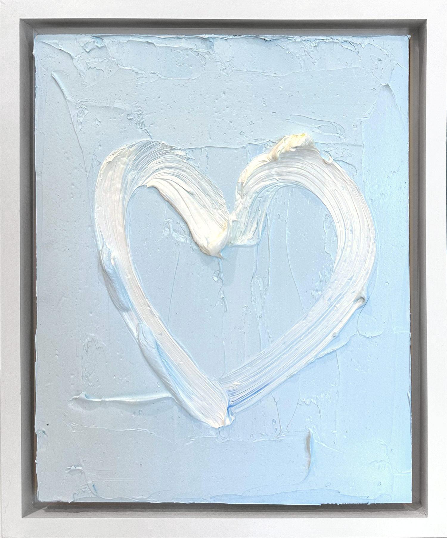 Figurative Painting Cindy Shaoul - « My Behind Blue Eyes Heart », peinture à l'huile pop art bleue avec cadre flottant blanc