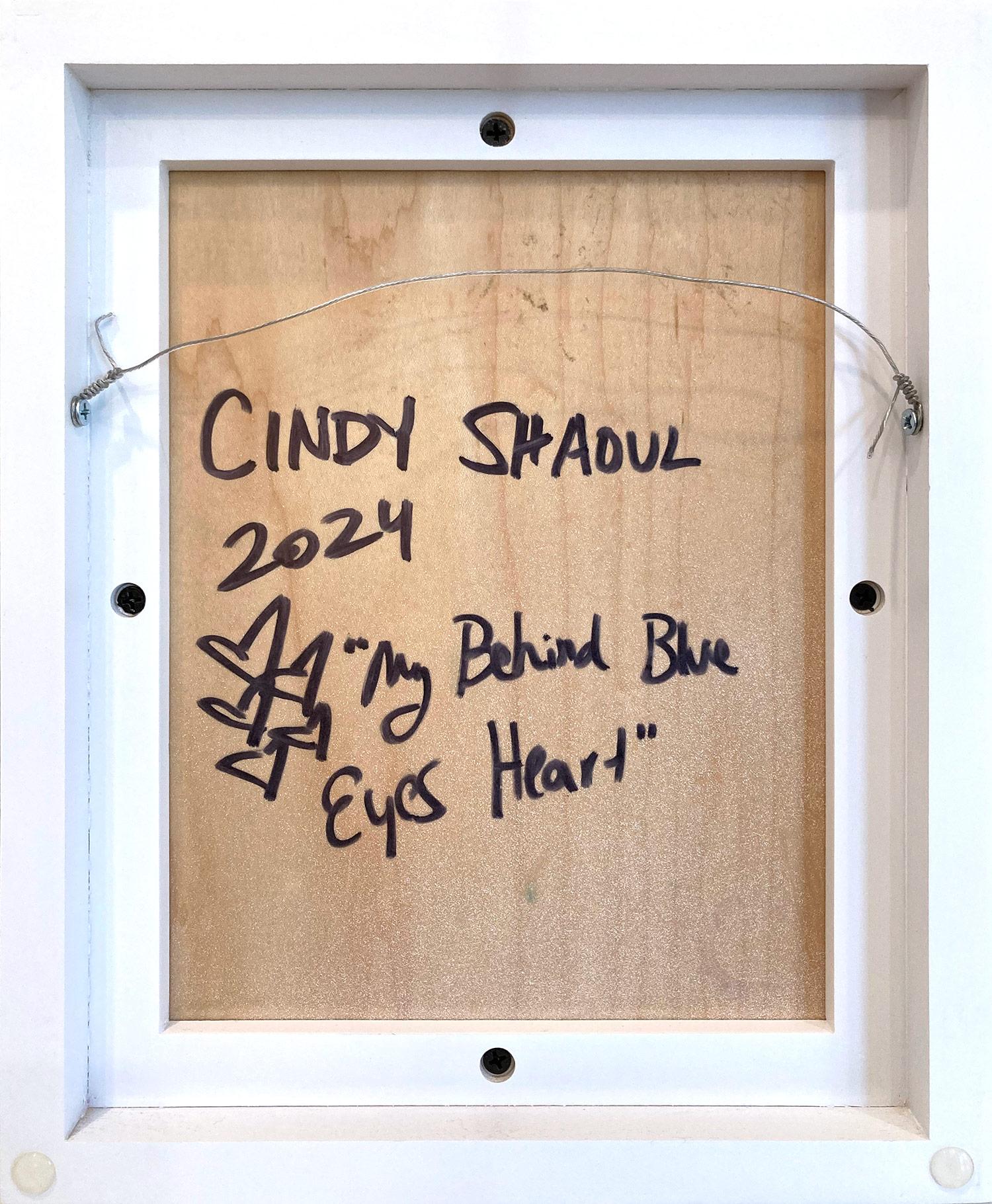 « My Behind Blue Eyes Heart », peinture à l'huile pop art bleue avec cadre flottant blanc 10