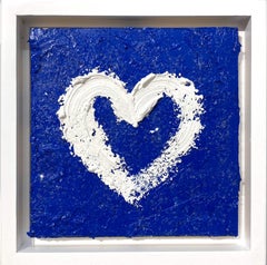 "My Blue Diamond Heart" Blue and White Contemporary Oil Painting w Floater Frame