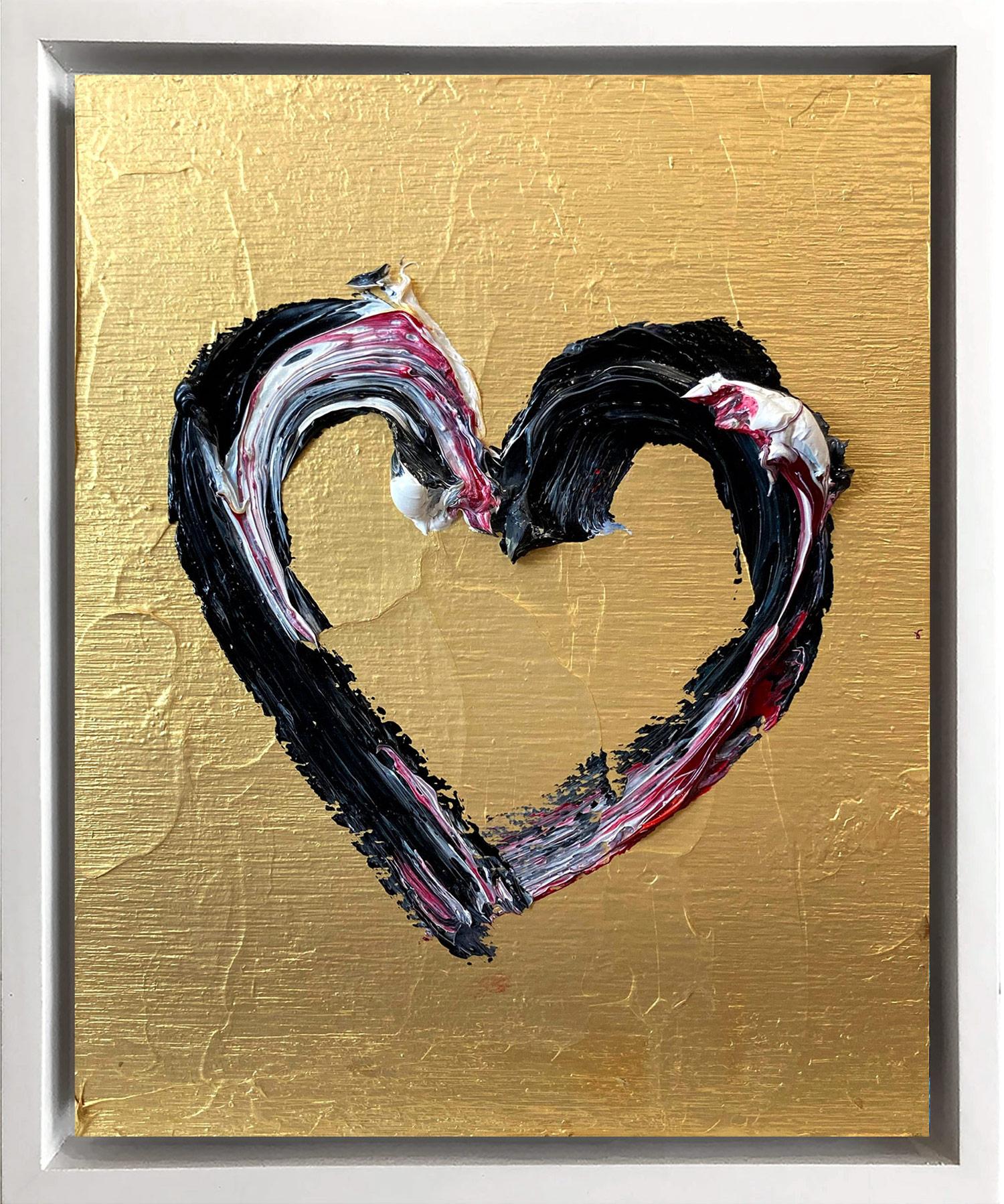 "My Boochier Heart" Pittura a olio Pop Art oro, nero e rubino Cornice galleggiante bianca