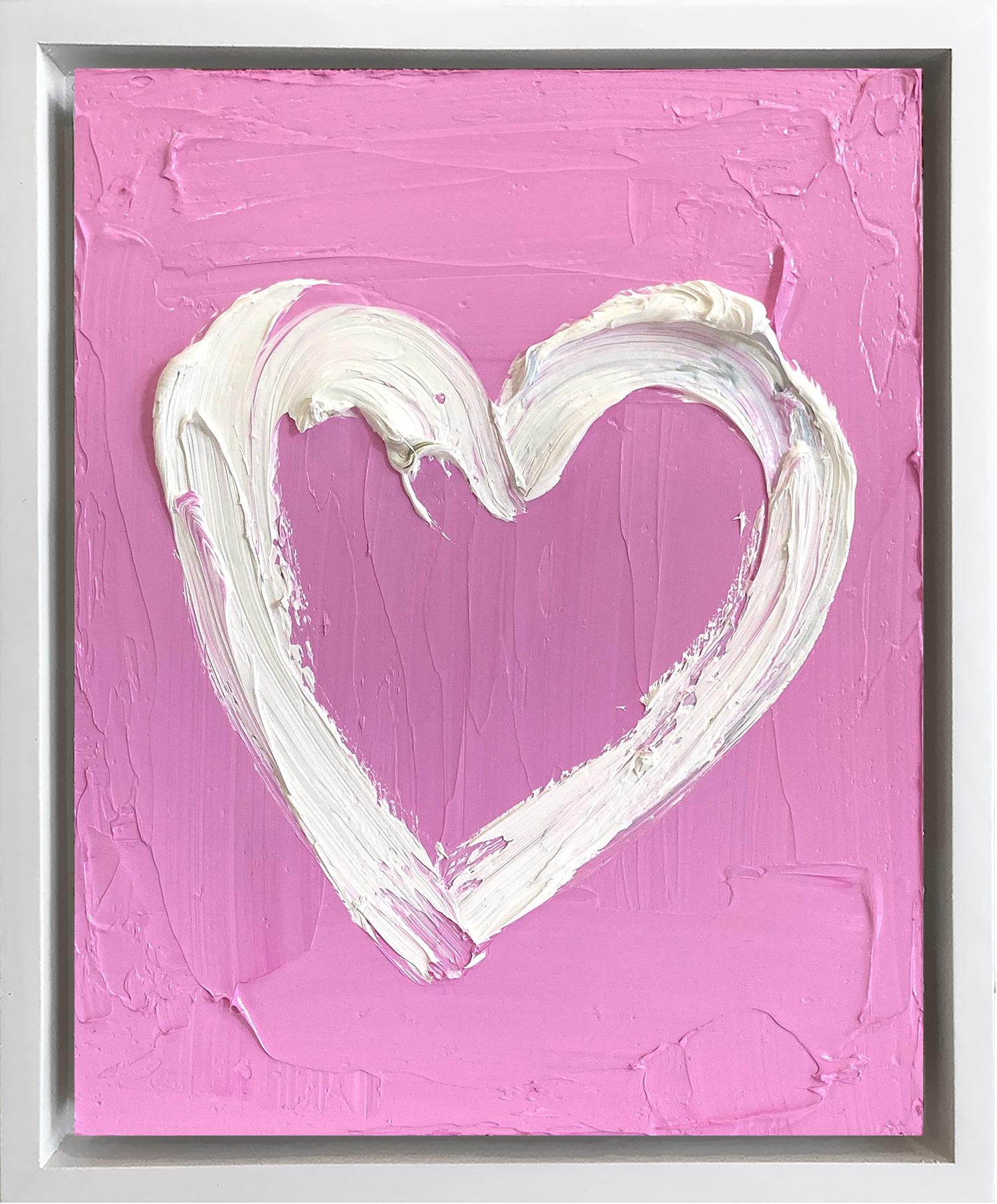 « My Bubble Gum Pink Heart », peinture à l'huile sur bois avec cadre flottant blanc