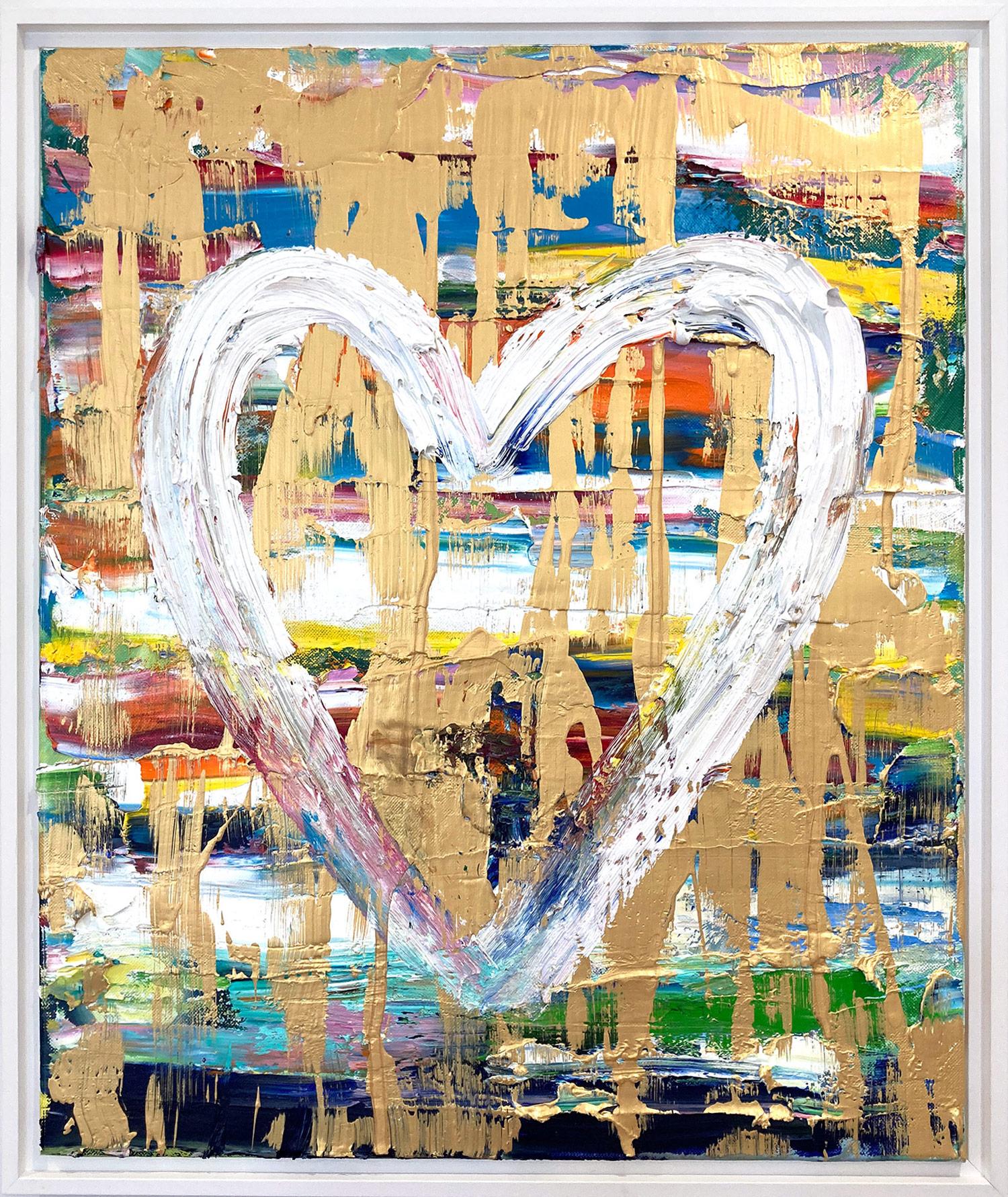 Abstract Painting di Cindy Shaoul - "Il mio cuore di caramella" Olio e tecnica mista con pittura pop dorata su tela incorniciata