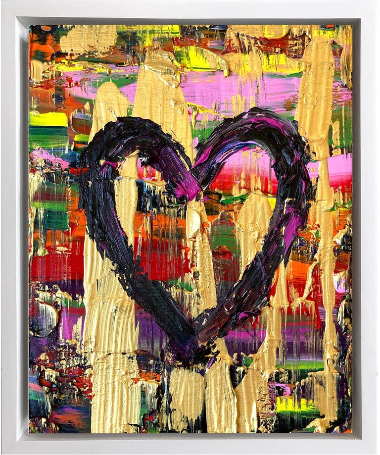 Cindy Shaoul Abstract Painting - "My Can't Buy Me Love Heart" Contemporary Pop Oil Painting with Floater Frame