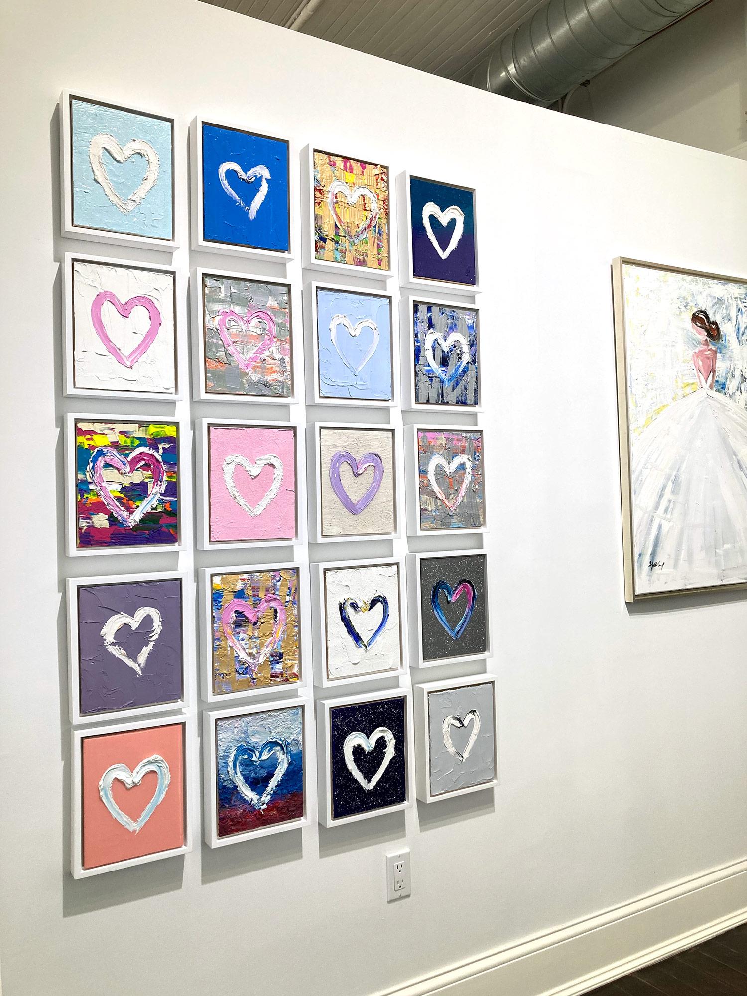 « My Sky Blue Diamond Heart », peinture à l'huile pop art bleue avec cadre flottant blanc en vente 13