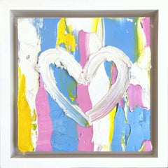 « My Childhood Heart », peinture à l'huile abstraite bleue et jaune avec cadre flottant