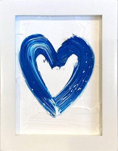 "My Cobalt Blue Mini Heart" Blue & White Contemporary Oil Painting with Frame
