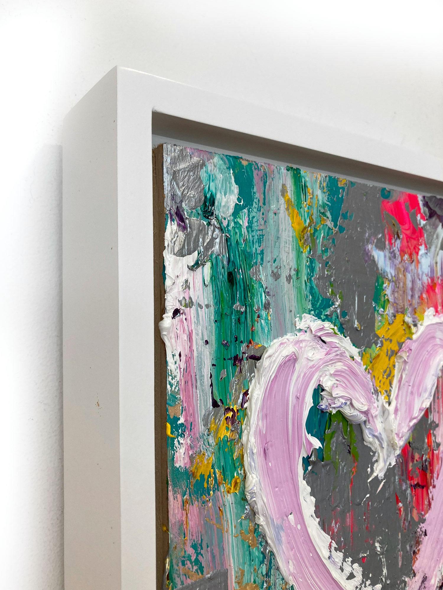 « My Costa Flamingos Heart », peinture à l'huile pop art colorée avec cadre flottant blanc en vente 7