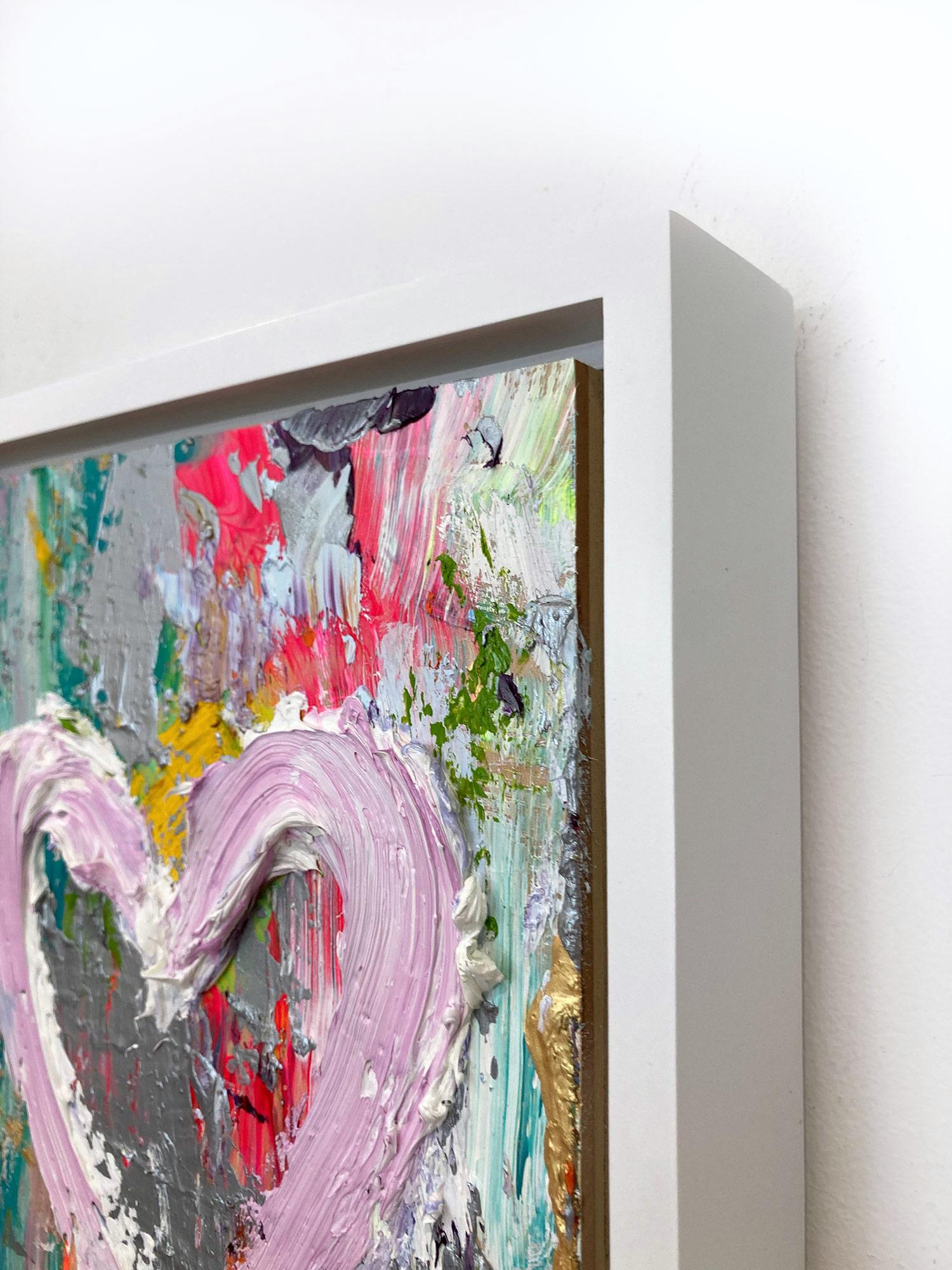 « My Costa Flamingos Heart », peinture à l'huile pop art colorée avec cadre flottant blanc en vente 8