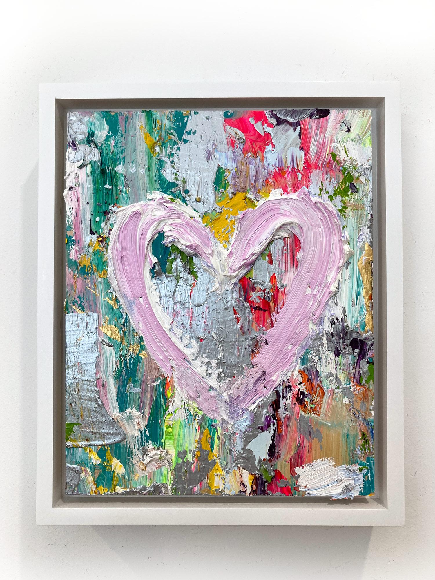 « My Costa Flamingos Heart », peinture à l'huile pop art colorée avec cadre flottant blanc en vente 11