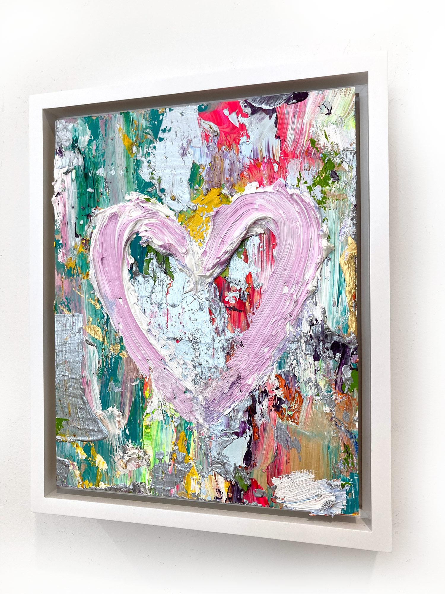 « My Costa Flamingos Heart », peinture à l'huile pop art colorée avec cadre flottant blanc en vente 12