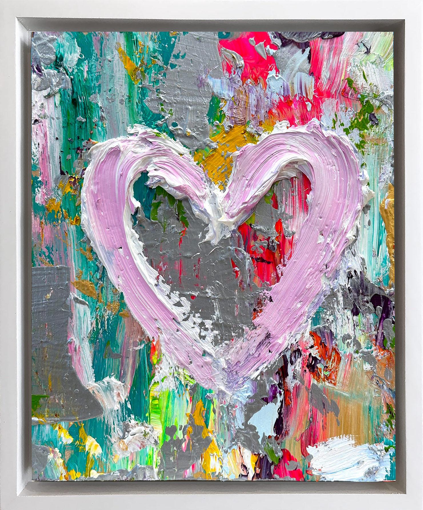 Abstract Painting Cindy Shaoul - « My Costa Flamingos Heart », peinture à l'huile pop art colorée avec cadre flottant blanc