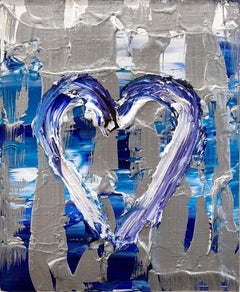"My Deep Silver Aqua Heart" Contemporary Pop Oil Painting with Floater Frame