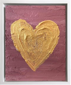 « My Dior Heart », peinture à l'huile pop art colorée or et mauve, cadre flottant blanc