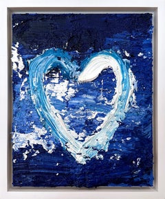 « My Dolce & Gabbana Heart », peinture à l'huile bleue sur bois avec cadre flottant blanc