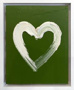 "Mi doble corazón de menta" Pintura al óleo verde y blanca sobre madera con marco flotante blanco