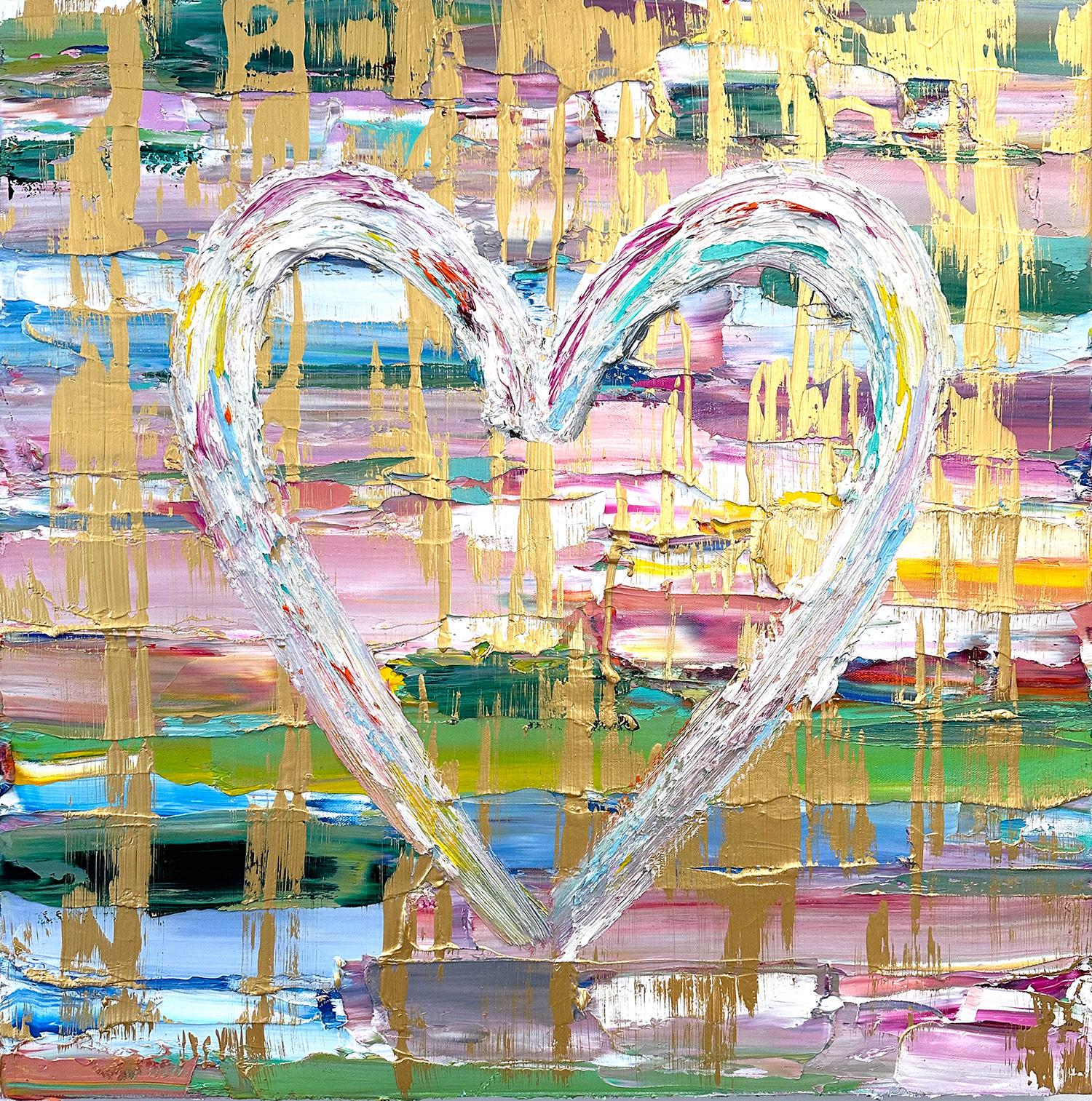 "My Dream Come True Heart" Contemporary Multicolor & Gold Oil Painting Canvas 