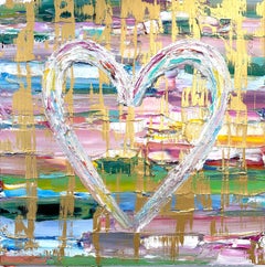"My Dream Come True Heart" Peinture à l'huile contemporaine multicolore et dorée sur toile 