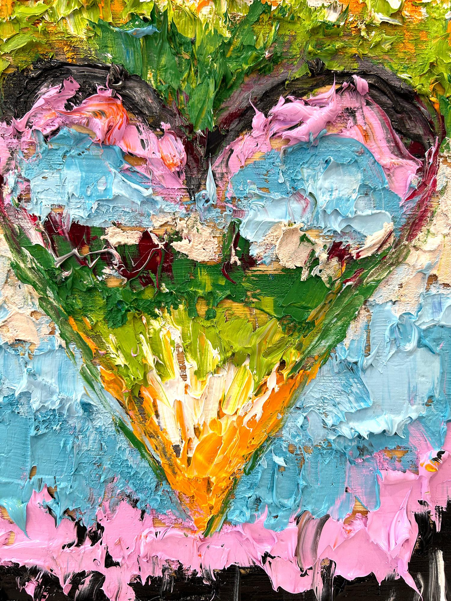 Mehrfarbiges Pop-Ölgemälde auf Holz mit weißem Floater-Rahmen, „My Dream On Heart“, Pop-Ölgemälde (Grau), Abstract Painting, von Cindy Shaoul