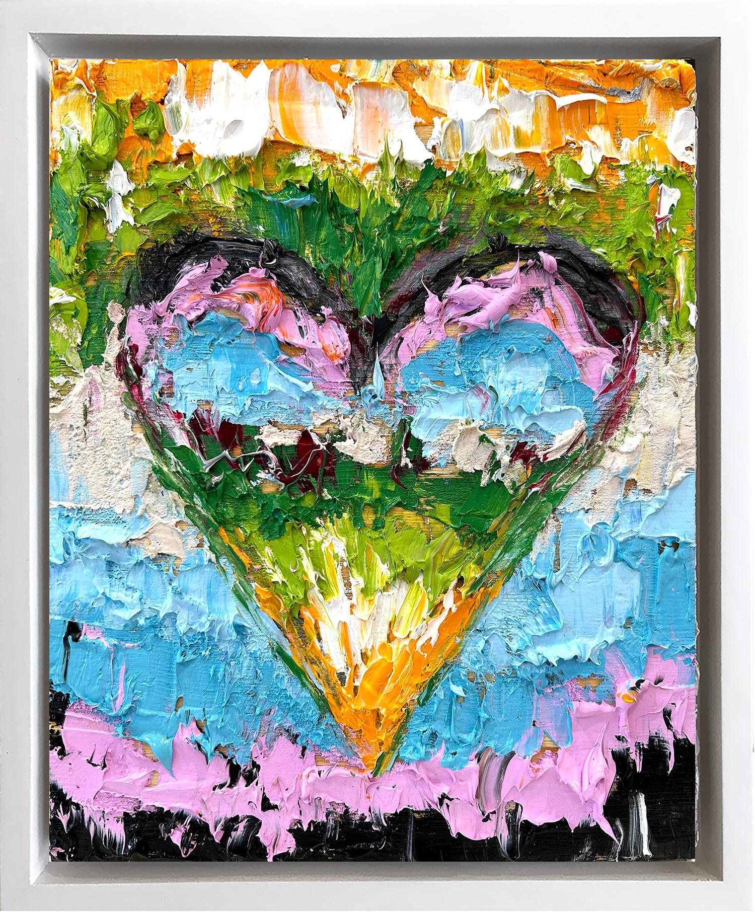 Cindy Shaoul Abstract Painting – Mehrfarbiges Pop-Ölgemälde auf Holz mit weißem Floater-Rahmen, „My Dream On Heart“, Pop-Ölgemälde