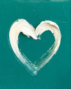 "My Dusty Teal Heart" Teal Green Pop Oil Painting on Wood w White Floater Frame