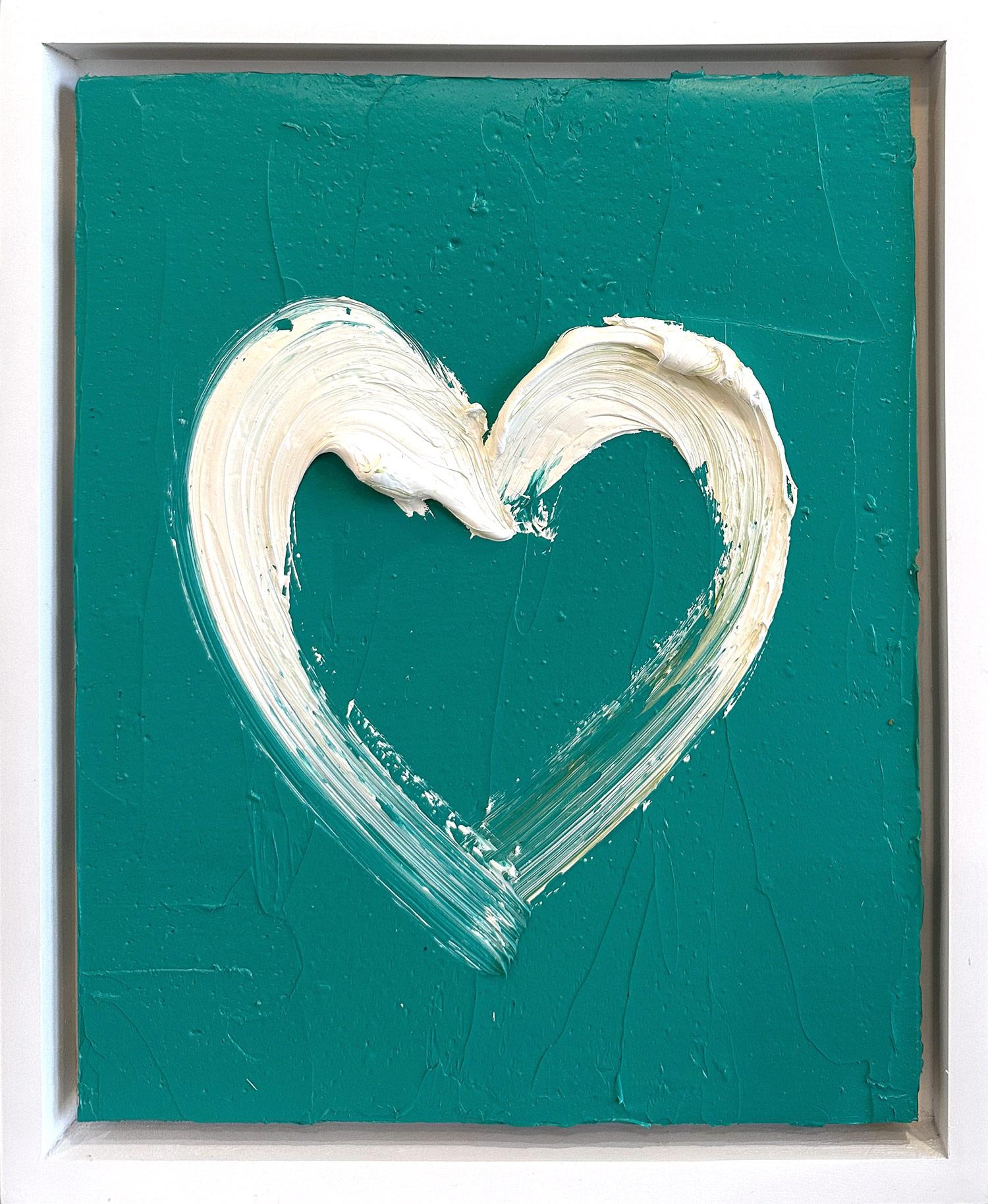 Figurative Painting de Cindy Shaoul - "Mi polvoriento corazón verde azulado" Pintura al óleo verde azulado pop sobre madera con marco flotante blanco