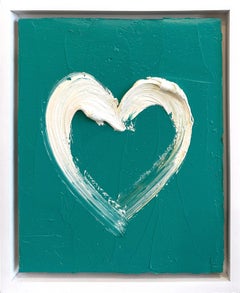"My Dusty Teal Heart" Pittura a olio su legno con cornice bianca fluttuante, di colore verde acqua e pop