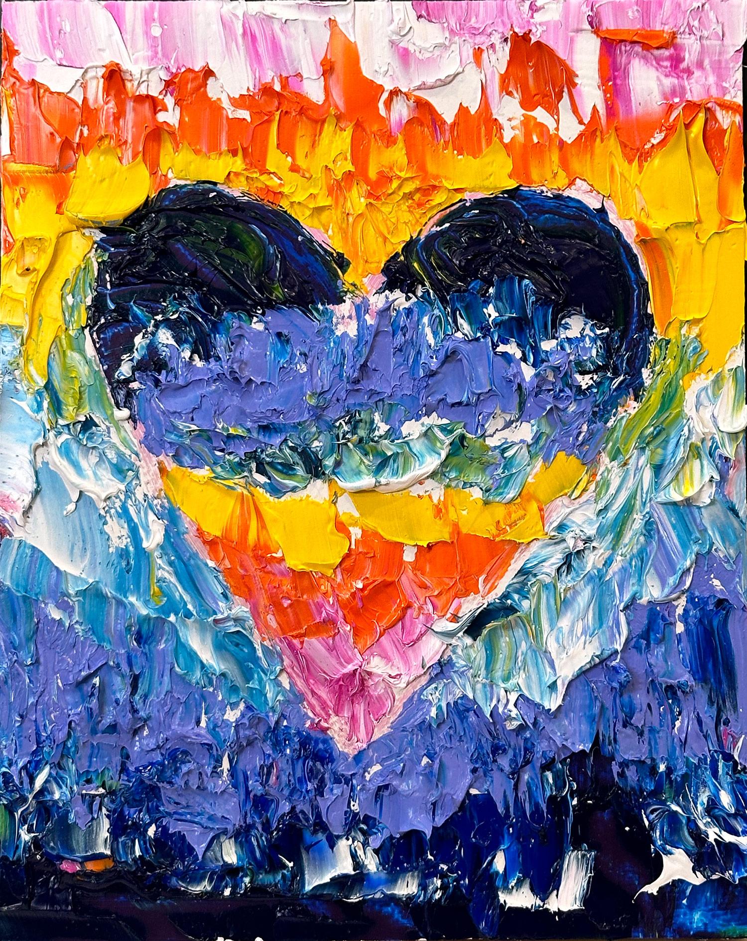 „My Earth Wind & Fire Heart“ Buntes Pop-Art-Ölgemälde mit weißem Floater-Rahmen, Ölgemälde – Painting von Cindy Shaoul