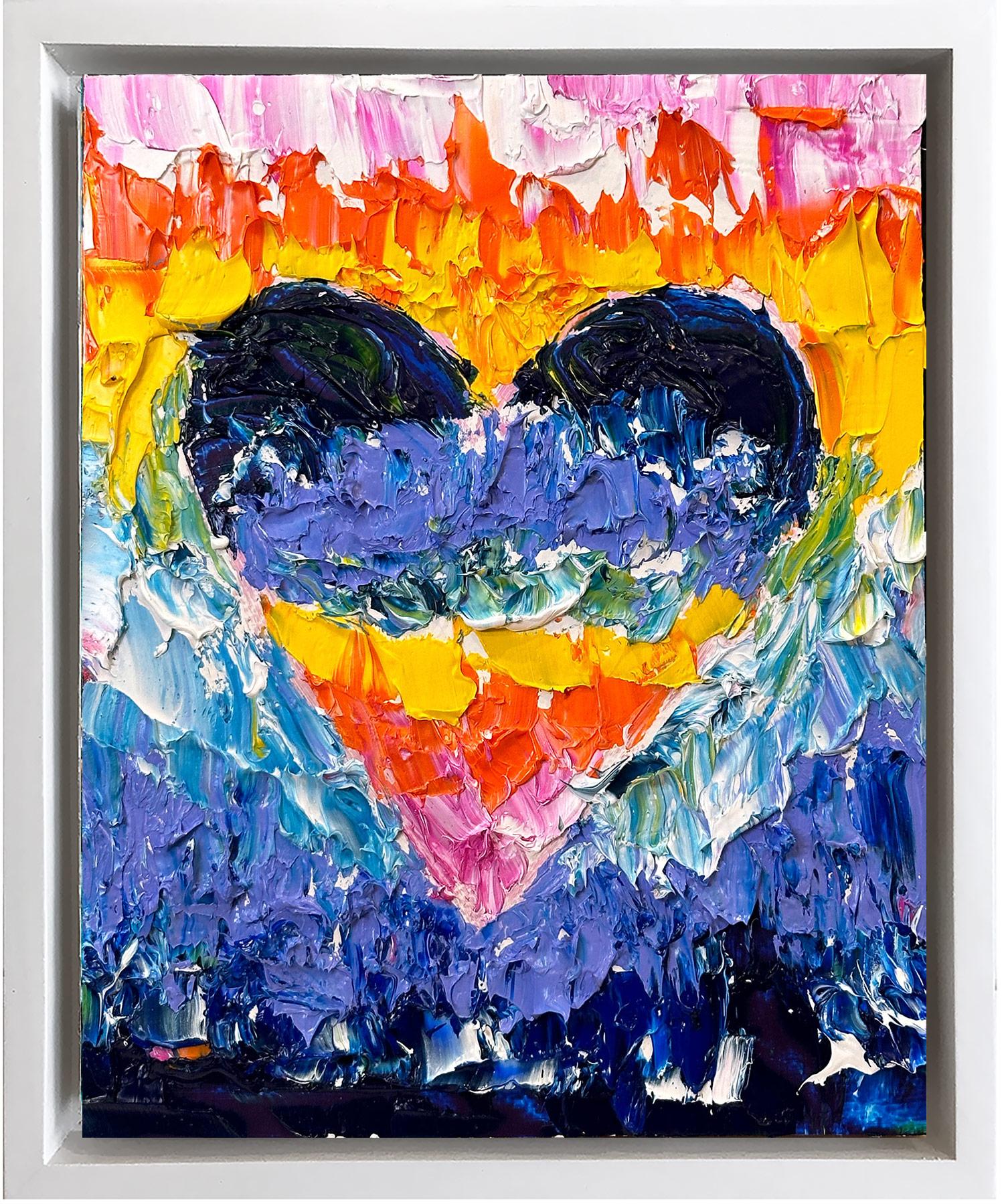 Cindy Shaoul Abstract Painting – „My Earth Wind & Fire Heart“ Buntes Pop-Art-Ölgemälde mit weißem Floater-Rahmen, Ölgemälde