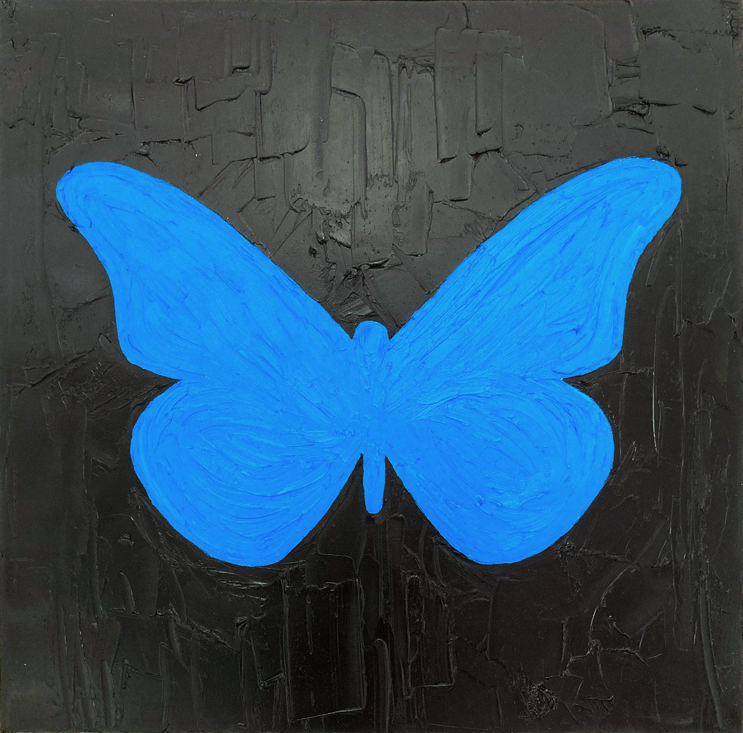 Cindy Shaoul Animal Painting - "My Electric Blue Butterfly" Blue and Black Contemporary Oil Painting on Canvas
