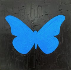 "My Electric Blue Butterfly" Blue and Black Contemporary Oil Painting on Canvas